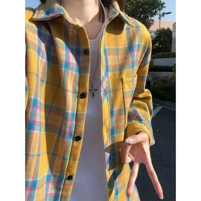 美式上衣复古宽松黄色格子衬衫