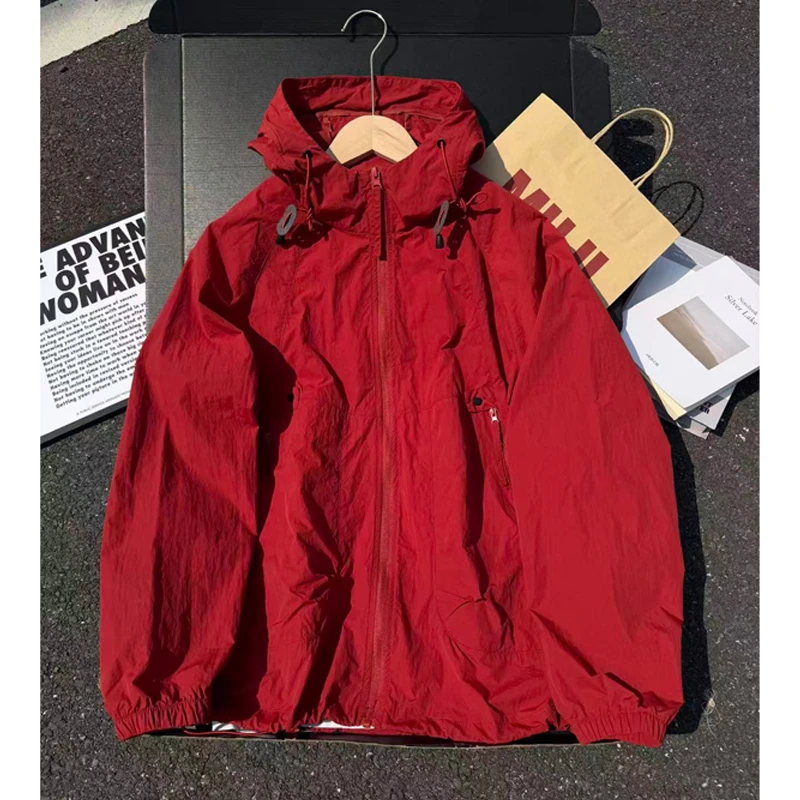 UPF50+红色速干防晒衣男夏季薄款户外运动骑行服连帽情侣外套夹克