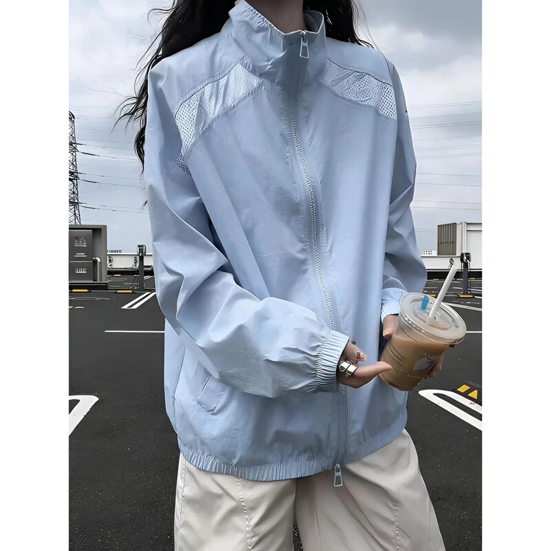 冰蓝色网眼拼接防晒衣男女夏季薄款速干透气立领外套情侣运动夹克