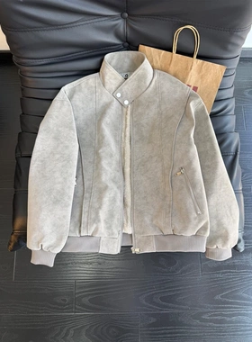 美式复古一体绒皮夹克男冬季加绒加厚解构设计感拼接外套立领棉服