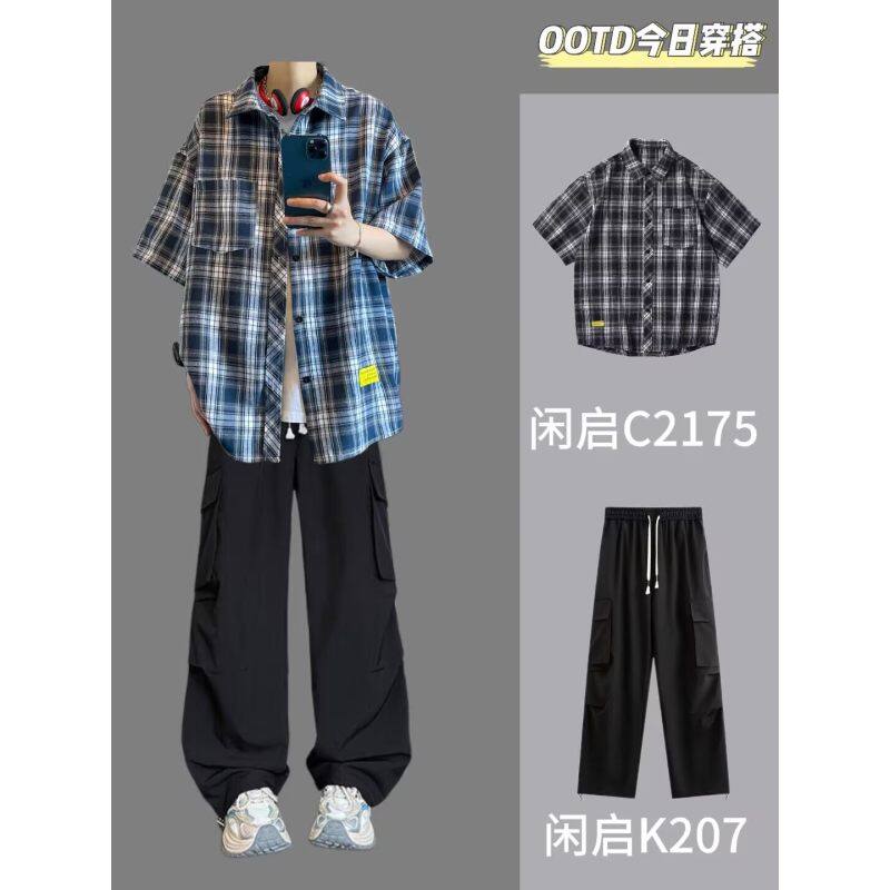 美式复古格子短袖衬衫男2025