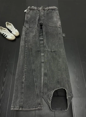 美式复古斜切弯刀牛仔裤男款大码vibe绑带工装裤子直筒修身微喇裤