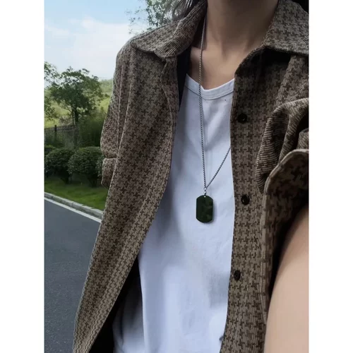 藏青色千鸟格衬衫男款秋季复古