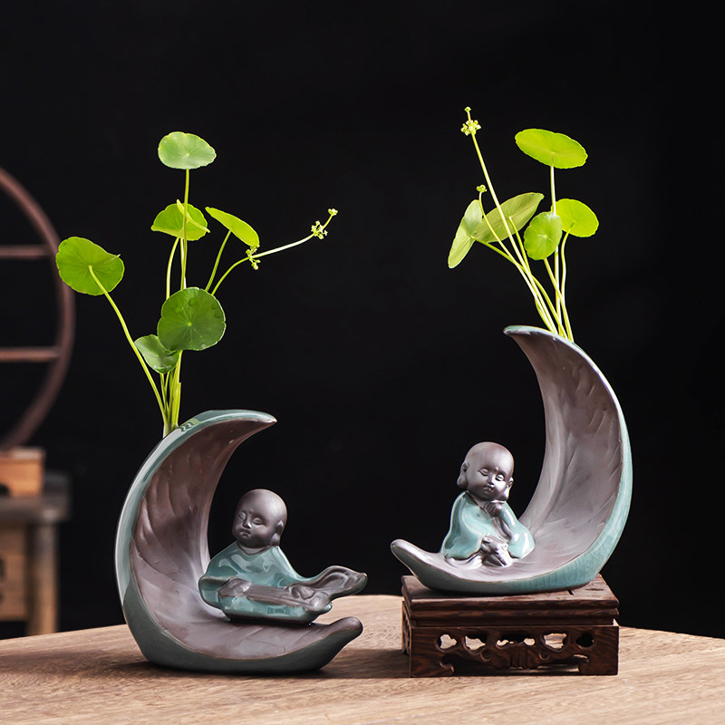 紫砂铜钱草水培小和尚花器桌面摆件哥窑无孔水养植物插花瓶器带托