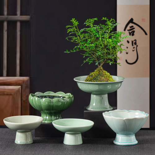 中式苔藓球花盆陶瓷家用米竹水培器皿高脚托盘客厅桌面摆件盆景盆