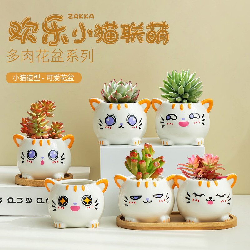卡通多肉专用植物花盆可爱小猫圆口陶瓷盆家用室内肉肉摆件盆带托