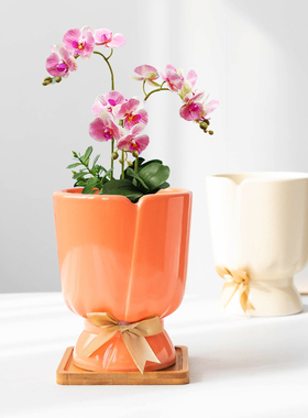 简约兰花盆室内虎皮兰绿植高脚盆白色透气蝴蝶兰盆景干花陶瓷摆件