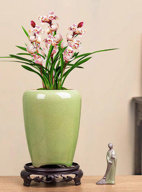 复古兰花花盆陶瓷哥窑家用高款办公桌文竹老桩绿植盆景摆件带托盘