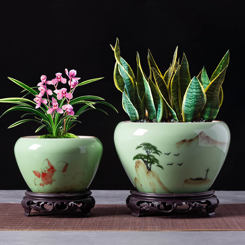 手绘青瓷兰花花盆蝴蝶兰盆景盆