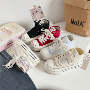 高帮厚底帆布鞋女2026新款软底不累脚百搭增高轻便小个子小白鞋女