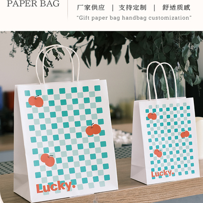 樱桃绿色格子烘焙手提袋甜品打包袋定制面包蛋糕外卖袋子牛皮纸袋