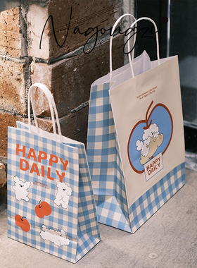 格子happy烘焙手提袋甜品打包袋定制面包蛋糕店外卖袋子牛皮纸袋