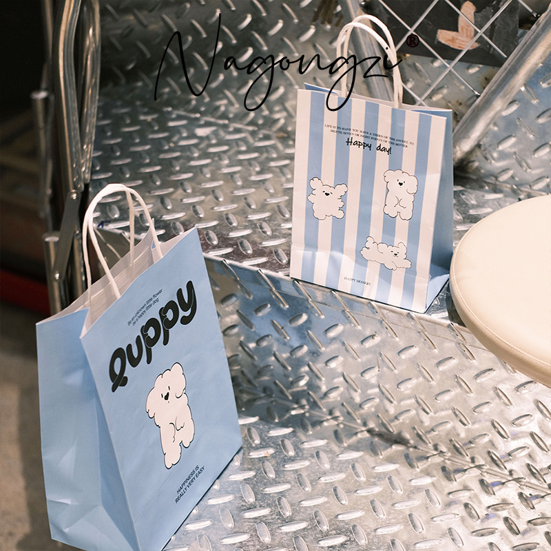 蓝色puppy烘焙手提袋甜品打包袋定制面包蛋糕店外卖袋子牛皮纸袋