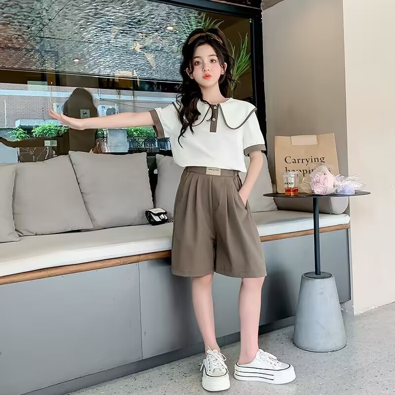 女童套装夏款时髦洋气儿童装女孩夏天时尚娃娃领短袖休闲阔腿短裤