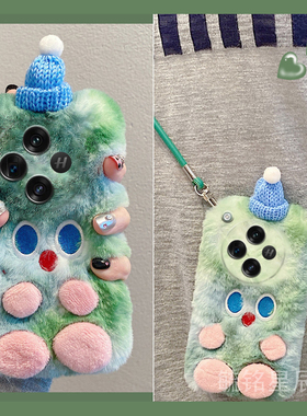 适用oppofindn3手机壳折叠屏findn3flip毛绒findn2flip绿色findn折叠款翻盖圣诞小怪兽防摔的带挂绳腕带秋冬