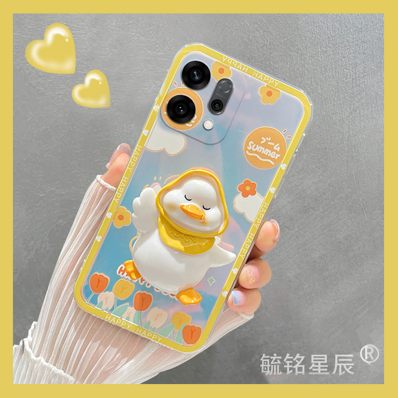 适用reno14手机壳12pro+新款11网红oppor15可爱r11立体findx8鸭子a3带支架的a55镭射k12夏天diy小众k9硅胶女
