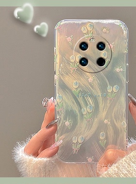 新款春日蓝色郁金香花朵适用华为Mate40手机壳Mate40Pro+透明的十硅胶套40E羽纱40RS保时捷小清新全包镭射m40