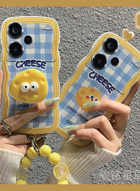 新款黄色卡通奶酪适用小米redmi红米Note14手机壳14Pro波浪边13Pro+带支架的十腕带链条可爱棋盘格子潮牌女生