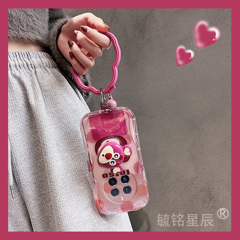 新款可爱波点草莓熊适用oppo真我12Pro+手机壳realme真我11Pro十情侣10S真我10气囊防摔透明硅胶的软带支架的
