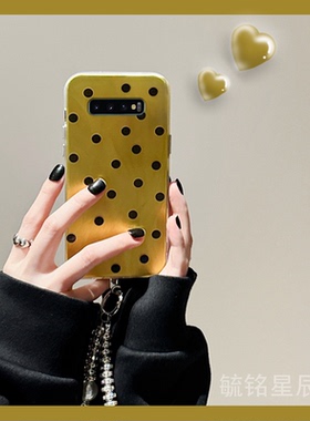 新款ins黑色波点适用三星S10+手机壳5g透明S10e黄色S9十硅胶的S8plus简约手腕带p小众高级感镭射挂绳轻奢高端