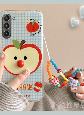 新款可爱蓝色格子苹果适用三星W24折叠屏手机壳W23Flip折叠款W24Flip立体W23带挂绳的W22翻盖透明W21特别硅胶