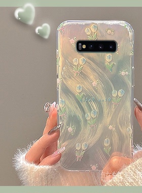 新款春日蓝色郁金香花朵适用三星S10+手机壳5g透明的S10e硅胶套S9十羽纱S8plus小清新全包Galaxy镭射轻奢渐变