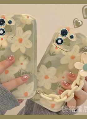 适用华为荣耀x60手机壳x50i+气垫play9t畅玩50新款v40轻奢版x40gt绿色v30pro花朵20腕带x10手链条防摔40plus