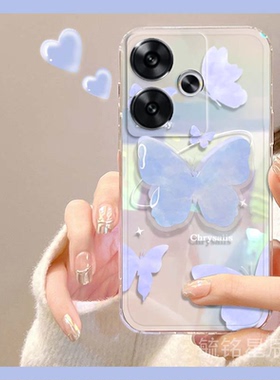 新款蓝色蝴蝶ins风适用小米redmi红米Turbo3手机壳13C带支架12透明的12C镭射5g超薄硅胶简约可爱渐变redmi13c