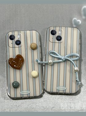 新款蓝色条纹适用苹果15手机壳iPhone14ProMax立体15Plus公仔13蝴蝶结12透明mini硅胶11软壳的韩系简约ins风p