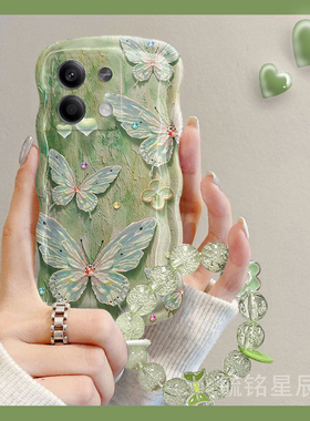 新款绿色油画蝴蝶适用小米redmi红米Note13pro+手机壳12r/12Turbo透明的12Pro极速版12t硅胶noto13pro十腕带