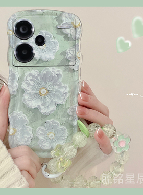新款油画绿色花朵适用小米redmi红米Note14手机壳14Pro透明的13Pro+软硅胶十波浪边气囊情侣全包轻奢风小众女