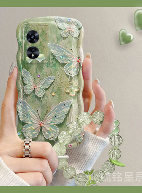 新款绿色油画蝴蝶适用OPPOA97手机壳A96透明的A95硅胶A93手腕带s链条A92s小清新A91全包ins风A72复古女A58/x