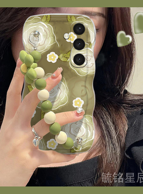 适用三星s25手机壳s24+新款s23ultra绿色s22油画s21花朵note20波浪边a73挂绳a72腕带a50s链条a53硅胶全包防摔