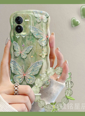 新款绿色油画蝴蝶适用vivoiQOOZ9手机壳Z9Turbo透明的Z8/x硅胶Z6手腕带Z7链条Z5小清新Z7i全包ins风Z3女Z1/x