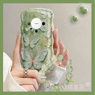新款绿色油画蝴蝶适用华为Mate60Pro+手机壳十mate60透明的Mate50硅胶Mate40RS保时捷50E手腕带小清新全包ins
