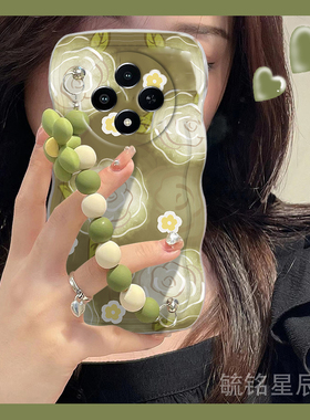新款绿色油画花朵适用vivoY300Pro手机壳Y300i波浪边Y200挂绳Y100腕带Y200i链条硅胶全包防摔粉色Y100t保护套