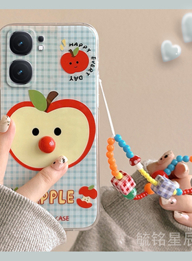 新款可爱蓝色格子苹果适用vivoiQOONeo9SPRO+手机壳9十8立体7竞速版6带挂绳的8SE透明Neo5活力版S特别3硅胶套