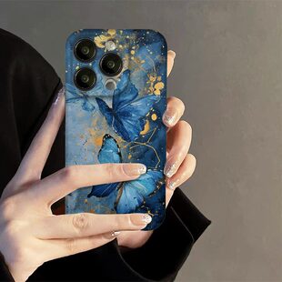 晱晱蓝金蝴蝶小众艺术新款软壳适用苹果15promax手机壳小米14一加13vivo款华为MATE60全包式镜头软一加oppo