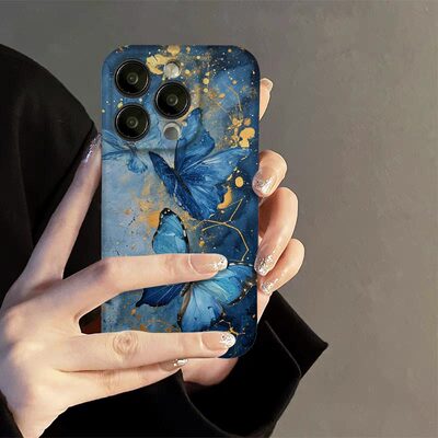 晱晱蓝金蝴蝶小众艺术新款软壳适用苹果15promax手机壳小米14一加13vivo款华为MATE60全包式镜头软一加oppo