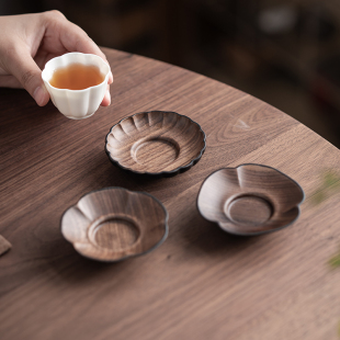 胡桃木花瓣茶托杯垫底座轻奢高级感防烫隔热主人杯托实木茶道配件