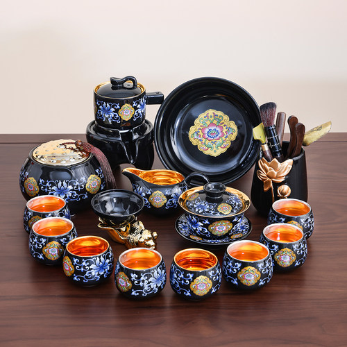 功夫茶具套装家用轻奢缠枝莲鎏银茶杯整套