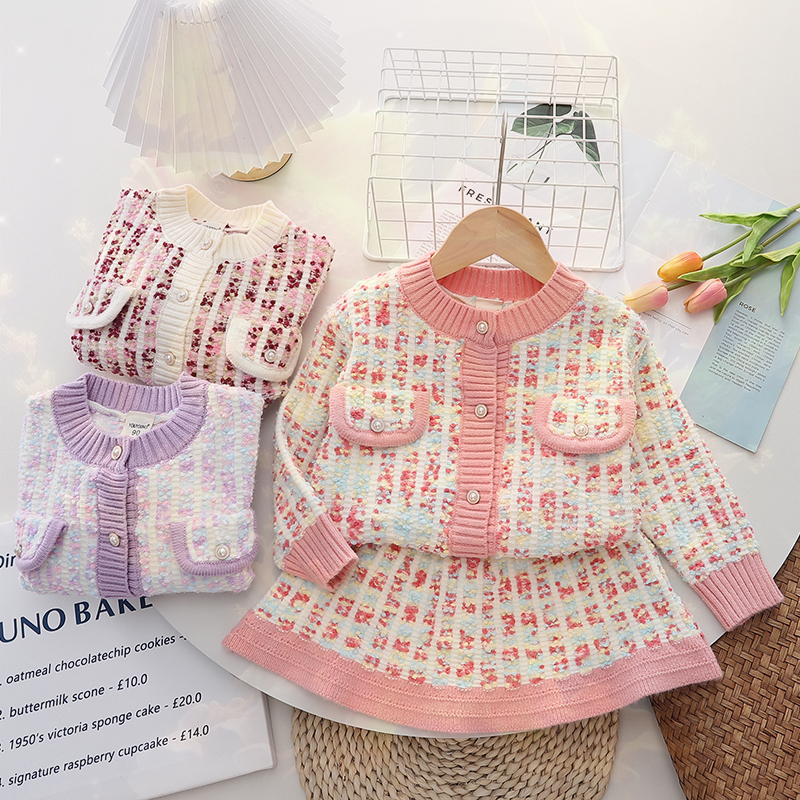 女童小香风毛衣套装秋冬款洋气儿童彩色毛线衣宝宝时尚短裙两件套