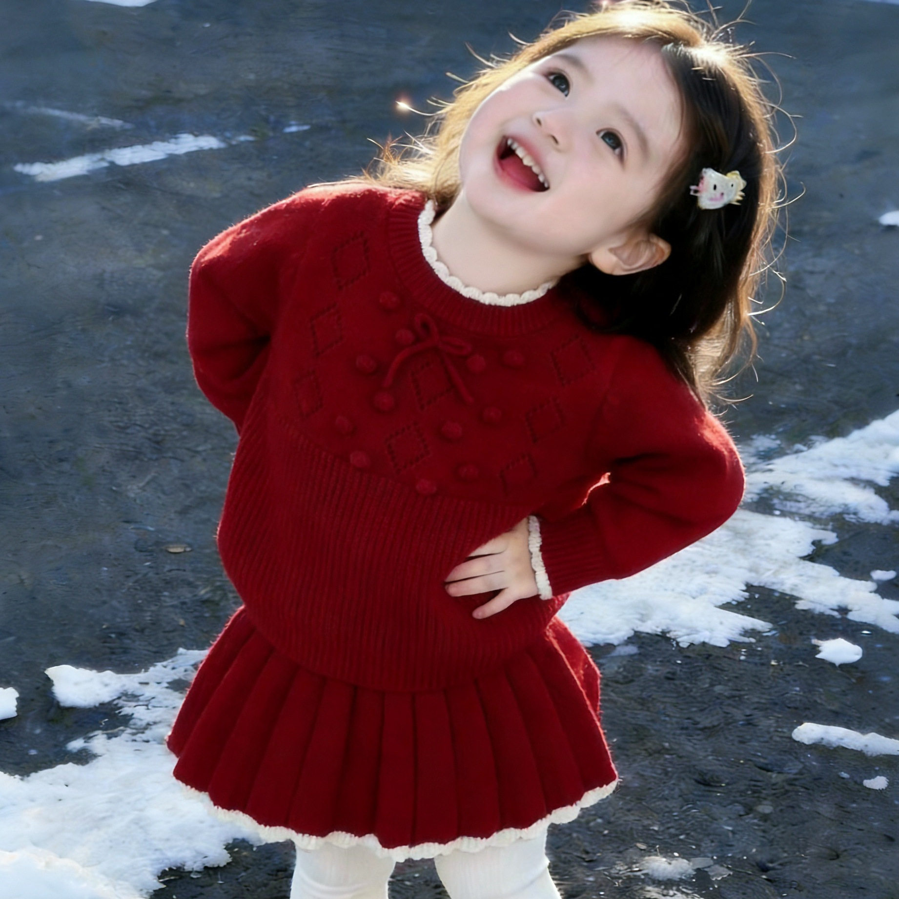 女童毛衣套裙秋冬新款手工小球球可爱针织套裙韩版女宝宝圆领衫潮