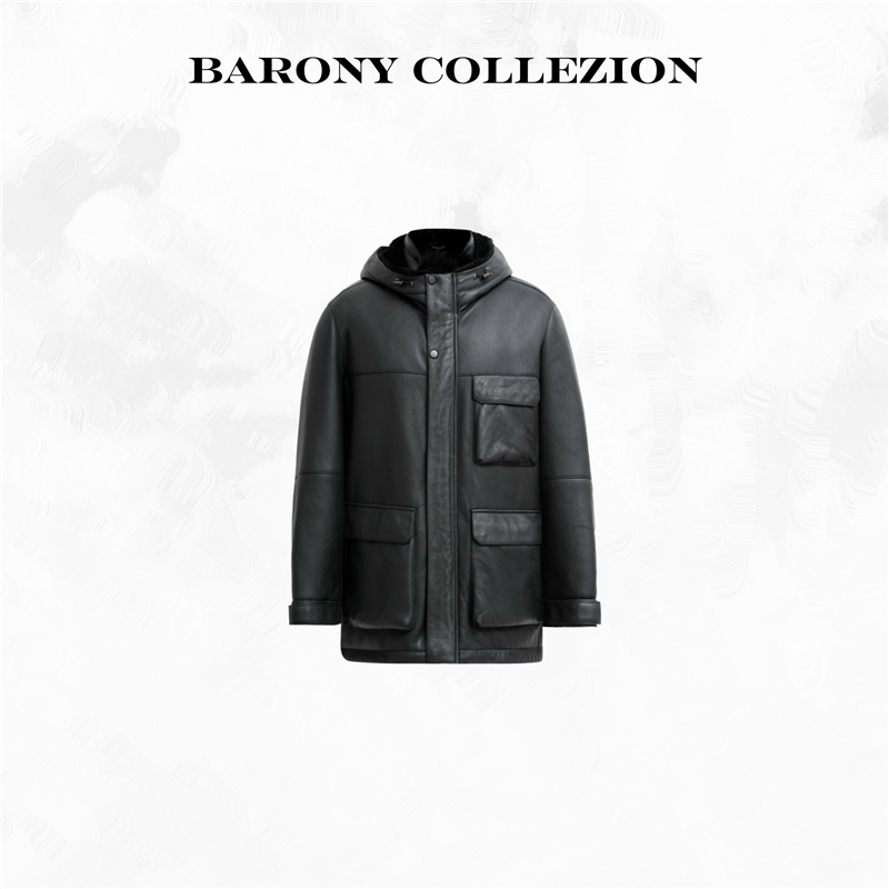 ‘BARONY‘81190【25/26新款】男士连帽休闲皮毛一体外套中长款真
