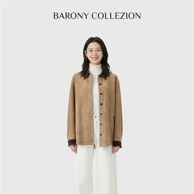 BARONY【98683】时尚休闲春款翻领头层羊皮进口皮衣外套