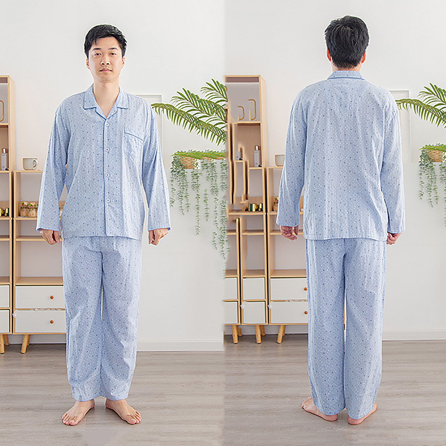 无印风日式男士纯棉纱布薄款家居服套装2026春季新款短袖长裤睡衣