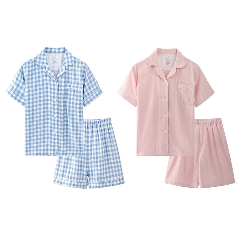 情侣纯棉双层纱布短袖睡衣套装