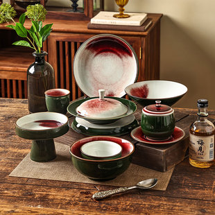 池上之家 好看的餐具综合郎红陶瓷碗面碗汤碗甜品盘杯子套装