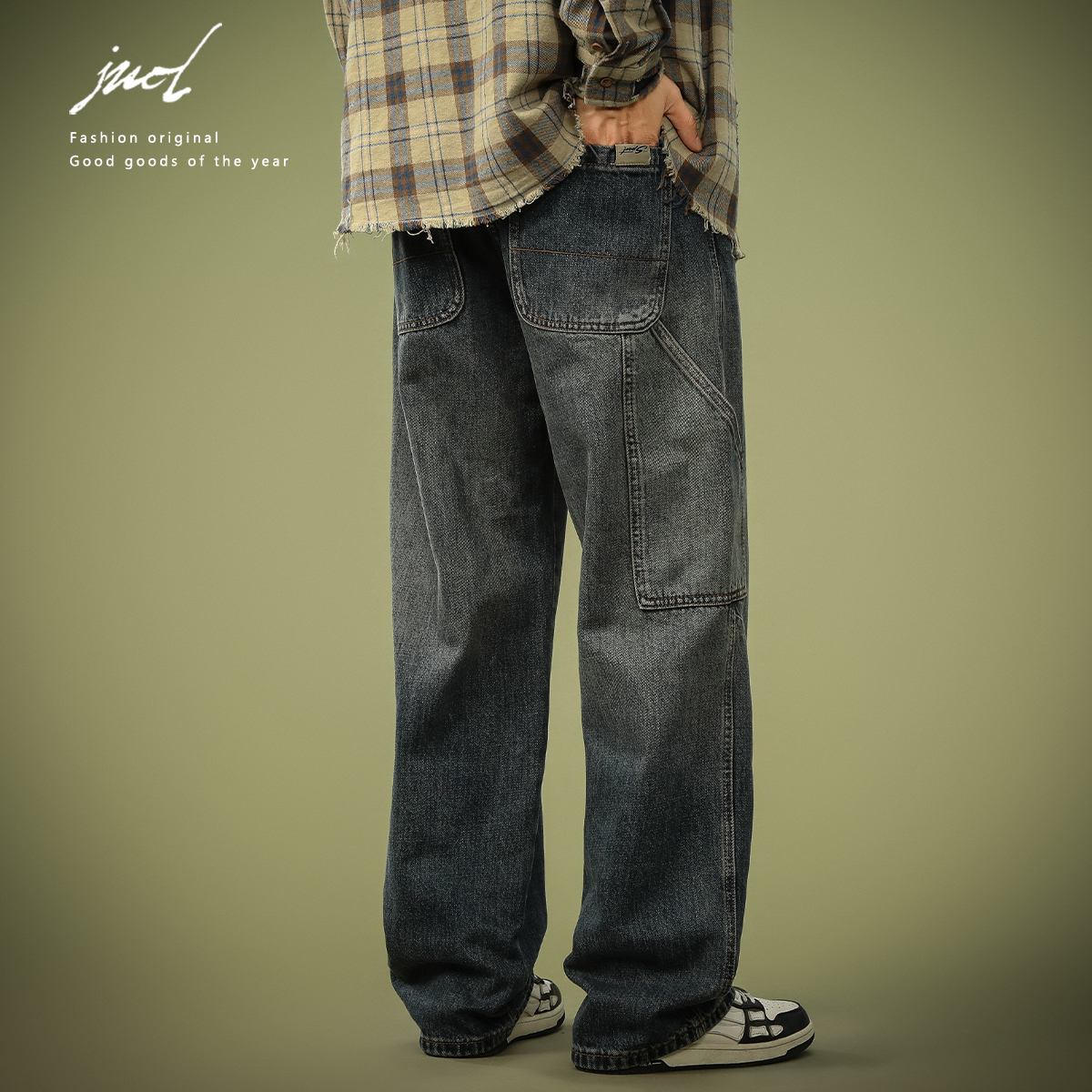 复古水洗做旧宽松直筒牛仔裤男