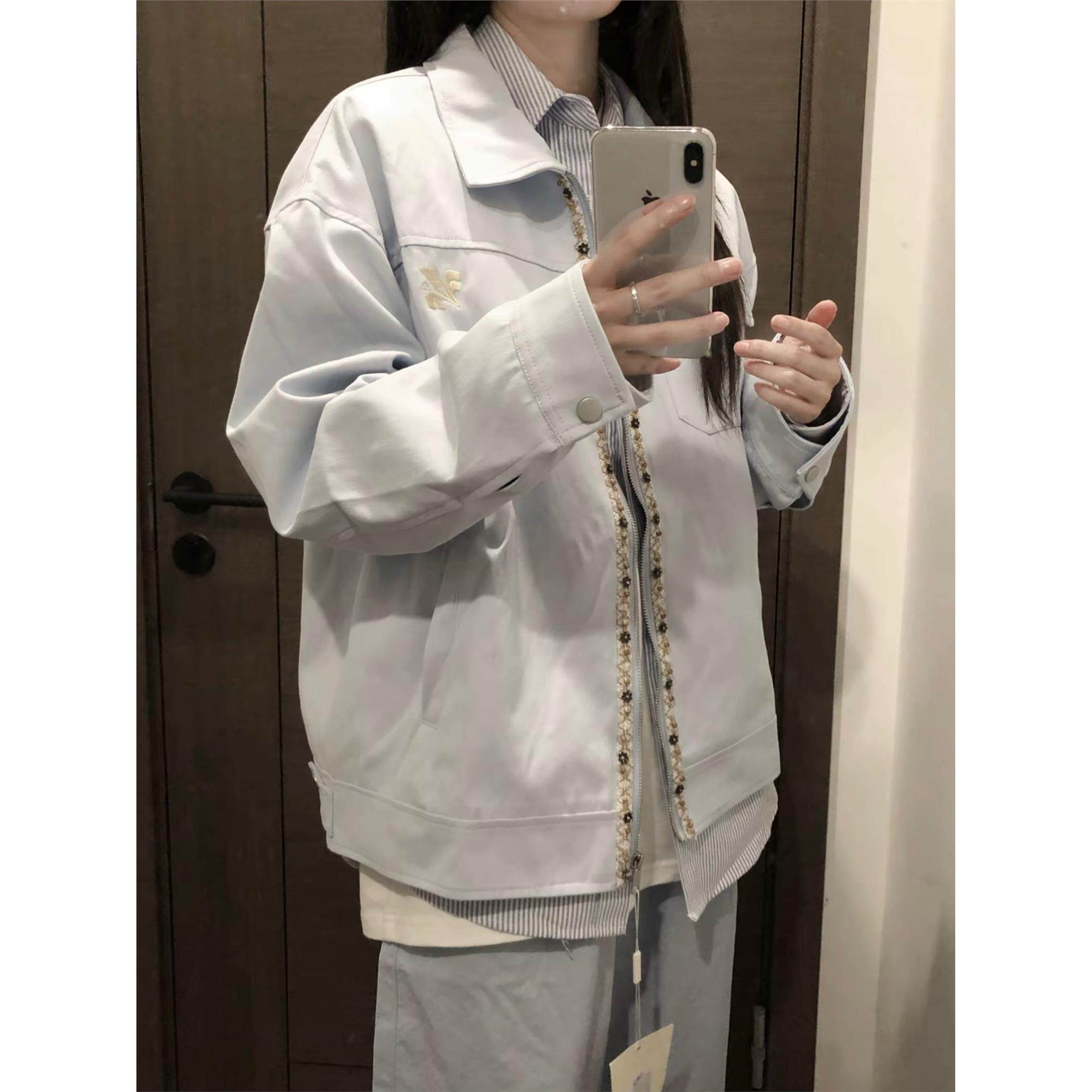 2025早秋新款高街刺绣翻领夹克外套女春秋高级感宽松情侣装棒球服